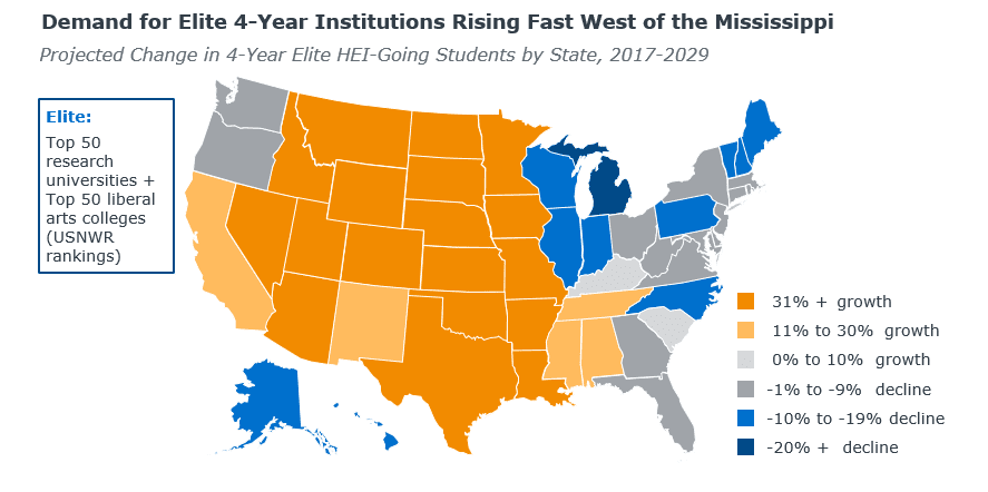 Map of projected enrollment growth and declines in the USA.