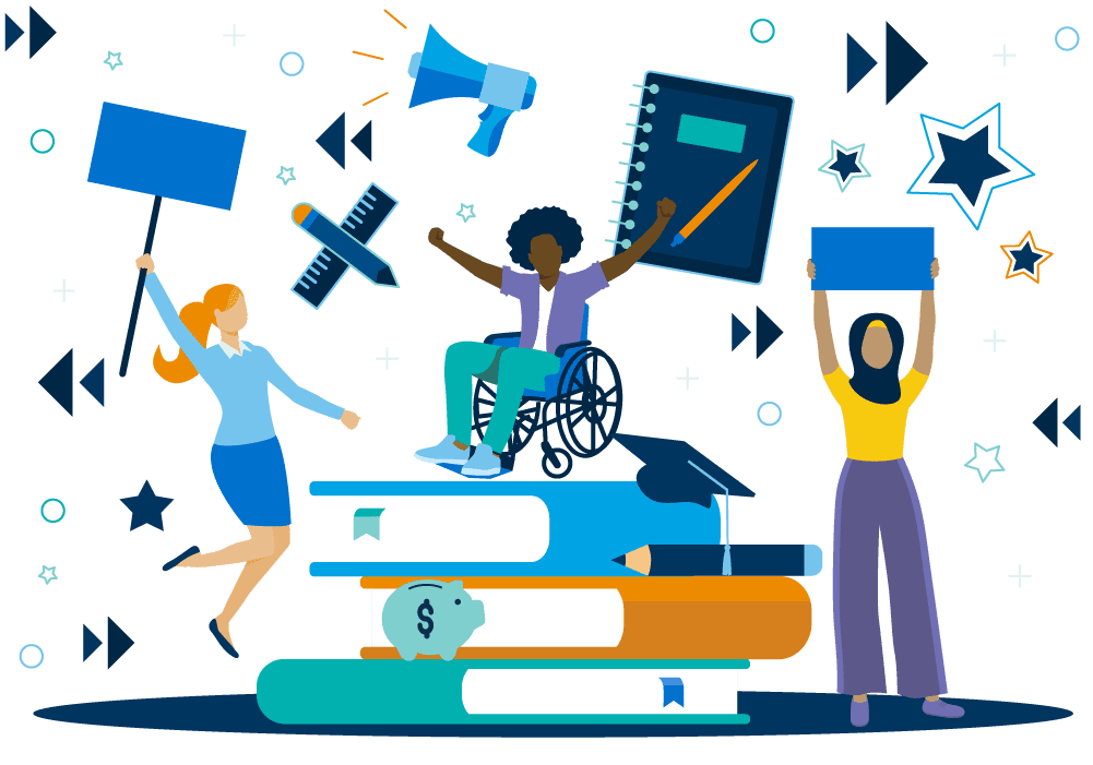 Illustration of activists and books