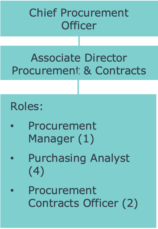 Chief Procurement Officer, Associate Director Procurement & Contracts, Roles:
Procurement Manager (1), Purchasing Analyst (4), Procurement Contracts Officer (2)