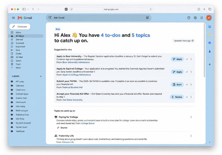 Image of a hypothetical student Gmail AI inbox.