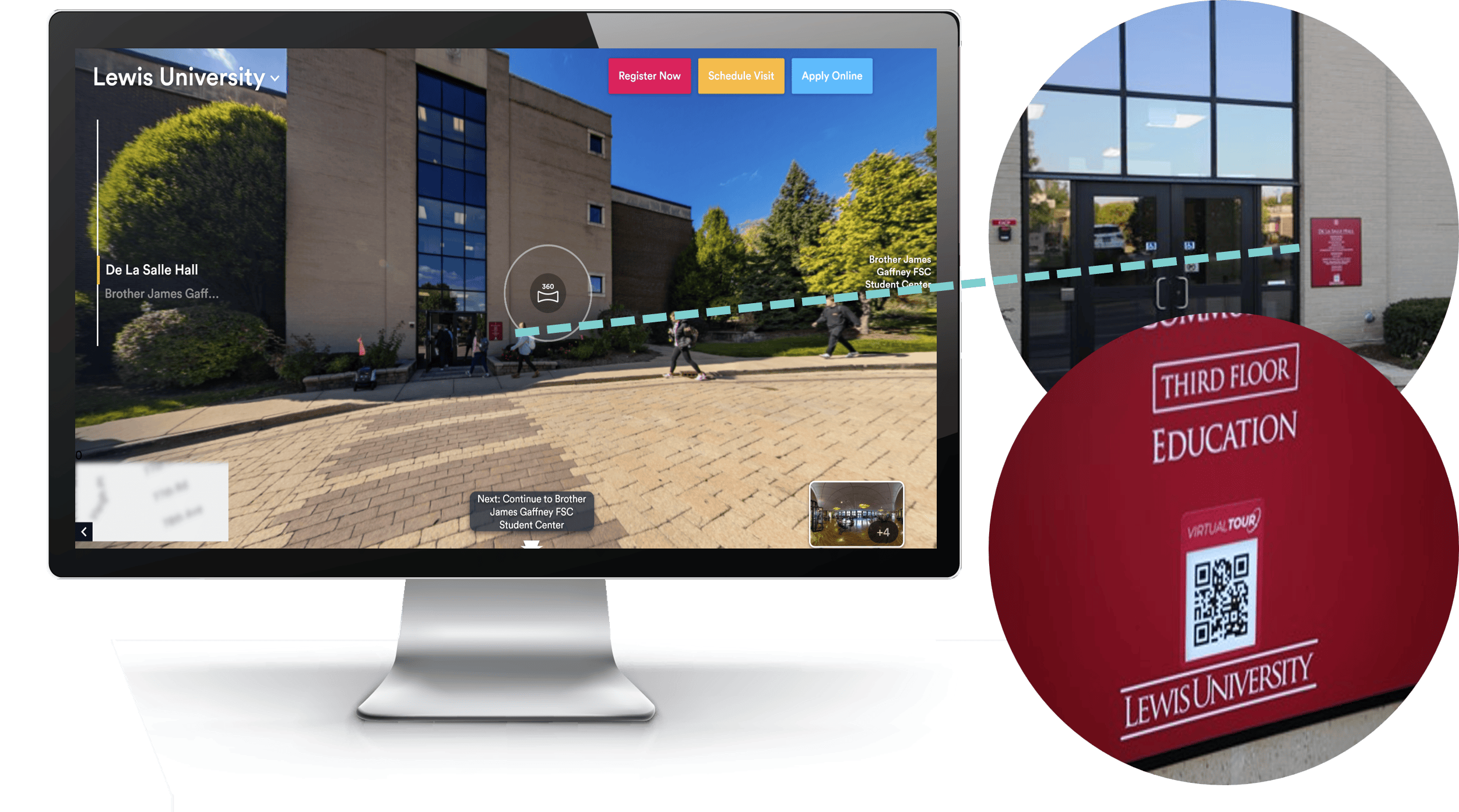 Tour stop for Lewis University that shows where a QR code is placed on a building.