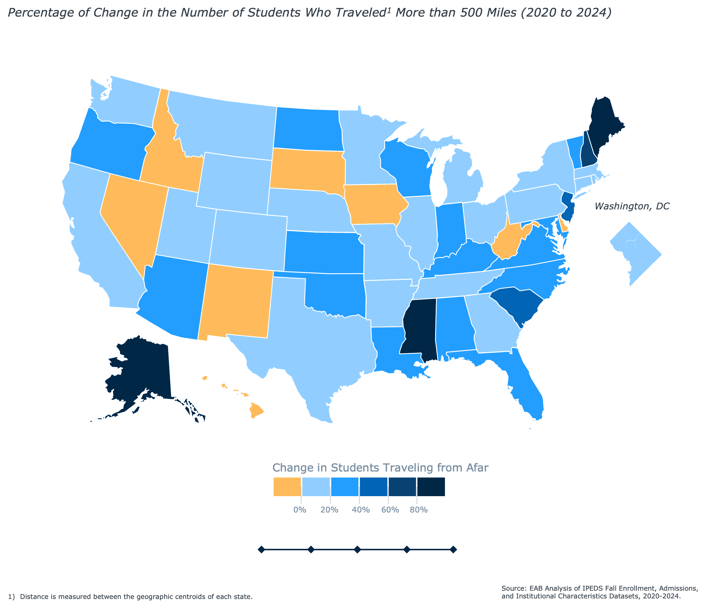 EAB U.S. map showing the percentage change in students traveling more than 500 miles to attend college from 2020 to 2024, with most states showing increases and darker blue indicating larger growth.