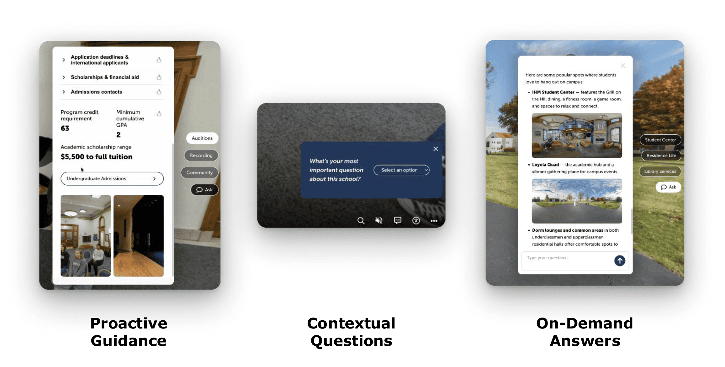 Three engagement modes in AI Tour Navigator from Appily Tours: Proactive Guidance, Contextual Questions, and On-Demand Answers